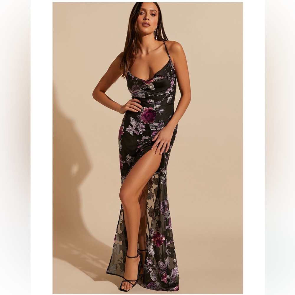 Aletta Maxi Dress - Cowl Cross Back Dress in Purple Haze Burnt Out Floral